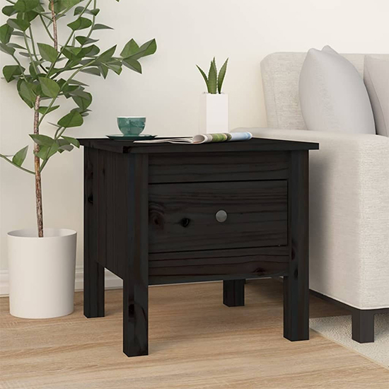 Photo of Aeneas solid pinewood side table with 1 drawer in black