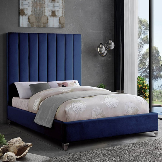 Photo of Aerostone plush velvet upholstered double bed in blue
