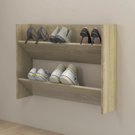 Product photograph of Agim Wooden Shoe Storage Rack With 2 Shelves In Sonoma Oak from Furniture in Fashion