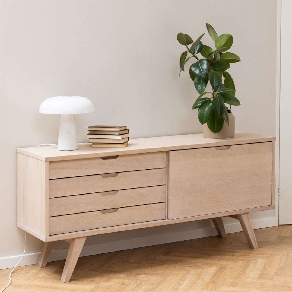 agnano wooden sideboard 1 sliding door 4 drawers in white oak