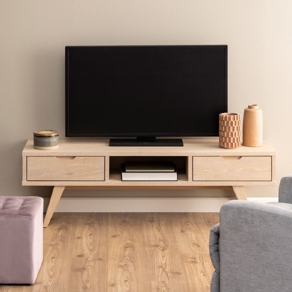 agnano wooden tv stand with 2 drawers in white oak