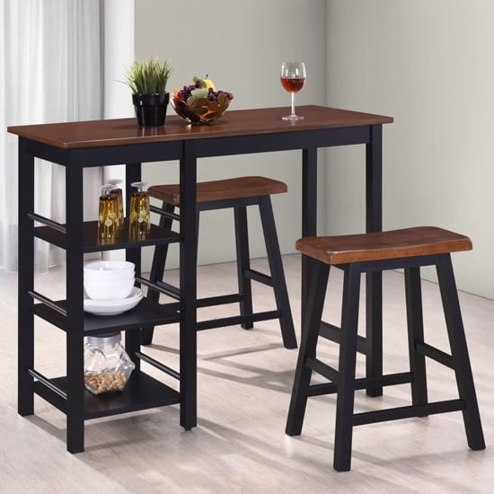 Read more about Ainhoa wooden bar table with 2 bar stools in brown and black