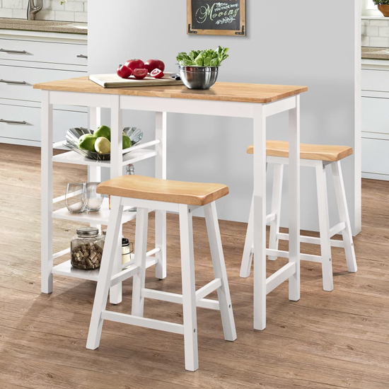 Read more about Ainhoa wooden bar table with 2 bar stools in natural and white