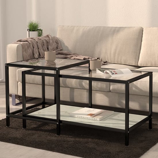 Product photograph of Akio Glass Coffee Tables With White Marble Effect Undershelf from Furniture in Fashion