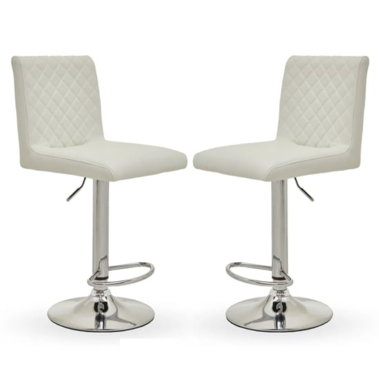Read more about Baino white leather bar chairs with round chrome base in a pair