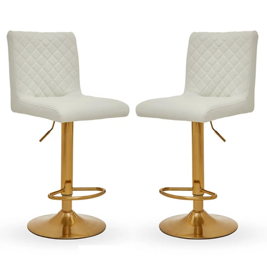 Read more about Baino white leather bar chairs with round gold base in a pair