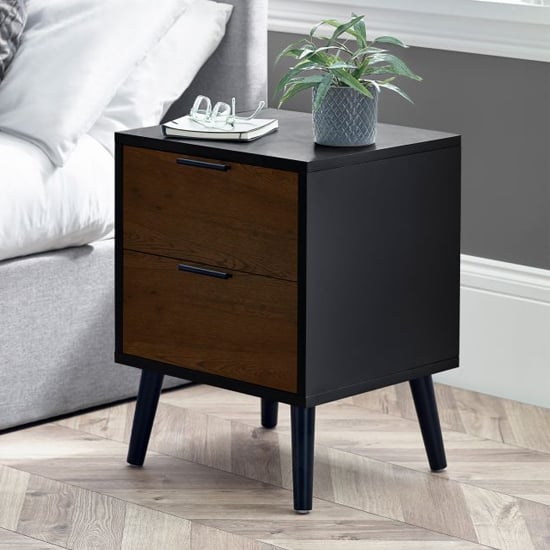 Read more about Akron wooden bedside cabinet with 2 drawers in walnut and black