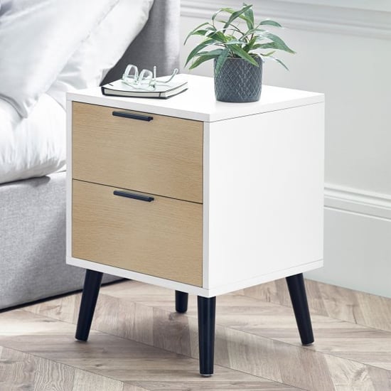 Product photograph of Akron Wooden Bedside Cabinet With 2 Drawers In White And Oak from Furniture in Fashion