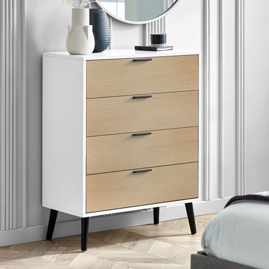 Product photograph of Akron Wooden Chest Of 4 Drawers Wide In White And Oak from Furniture in Fashion