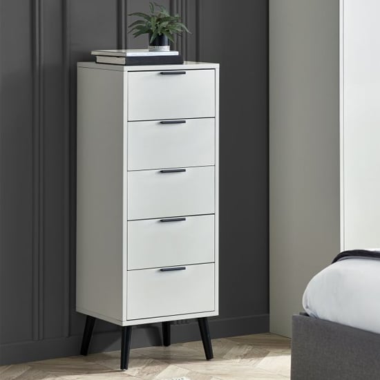 Product photograph of Akron Wooden Chest Of 5 Drawers Narrow In Silk Grey from Furniture in Fashion