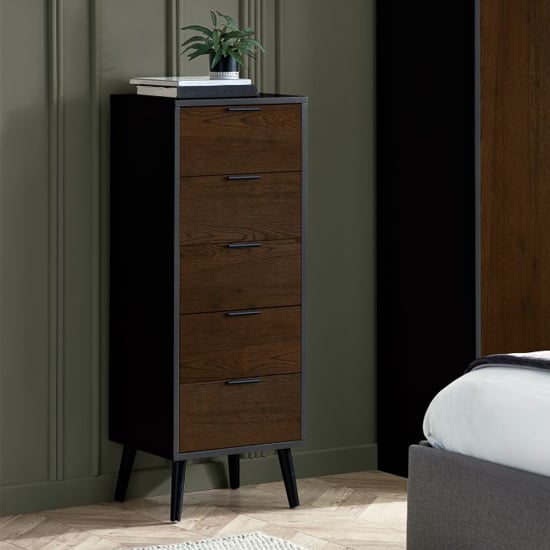 Read more about Akron wooden chest of 5 drawers narrow in walnut and black