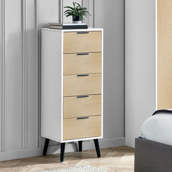 Product photograph of Akron Wooden Chest Of 5 Drawers Narrow In White And Oak from Furniture in Fashion