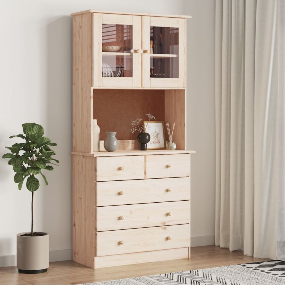 Product photograph of Akron Wooden Display Cabinet With 2 Doors 5 Drawers In Natural from Furniture in Fashion