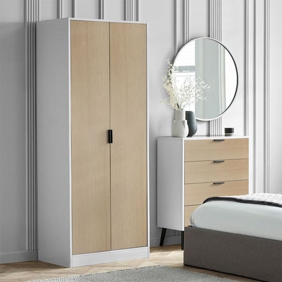 akron wooden wardrobe with 2 doors in white and oak