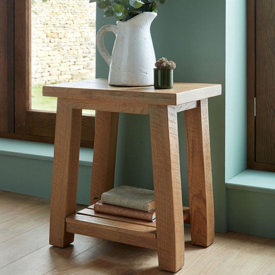Read more about Albas wooden lamp table in planked solid oak with shelf