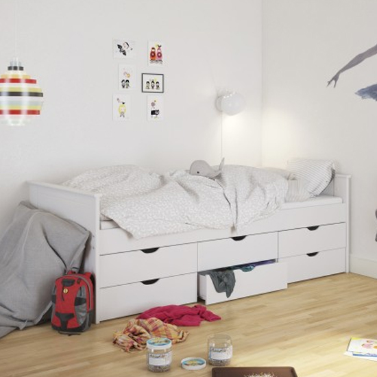 Photo of Albia wooden single bed with 6 drawers in white