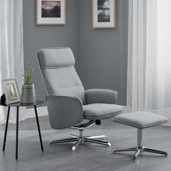 View Acsah fabric recliner chair with foot stool in grey linen