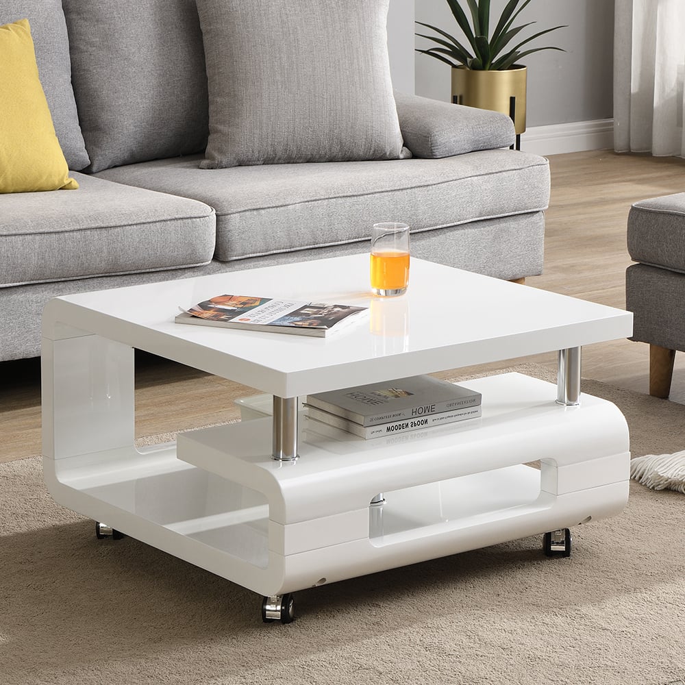 alena square high gloss coffee table in white with wheels