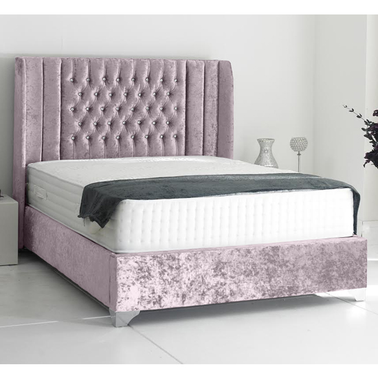 Photo of Alexandria plush velvet upholstered double bed in pink