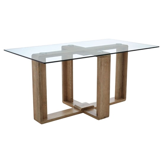 Read more about Alfratos clear glass top dining table with natural wooden base