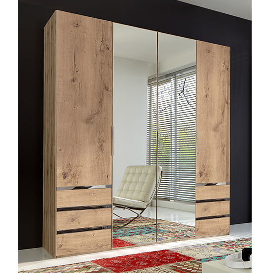 Read more about Alkes mirrored wardrobe in planked oak with 4 doors 6 drawers