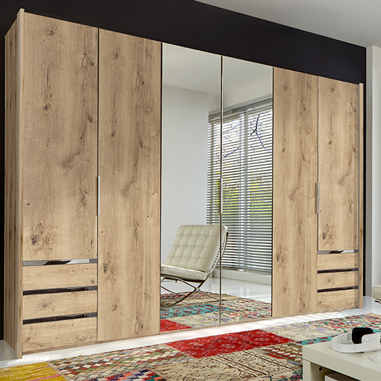 Read more about Alkes mirrored wardrobe in planked oak with 6 doors 6 drawers