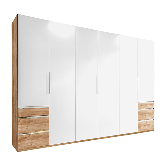 Read more about Alkes wooden 6 doors wardrobe in white and planked oak