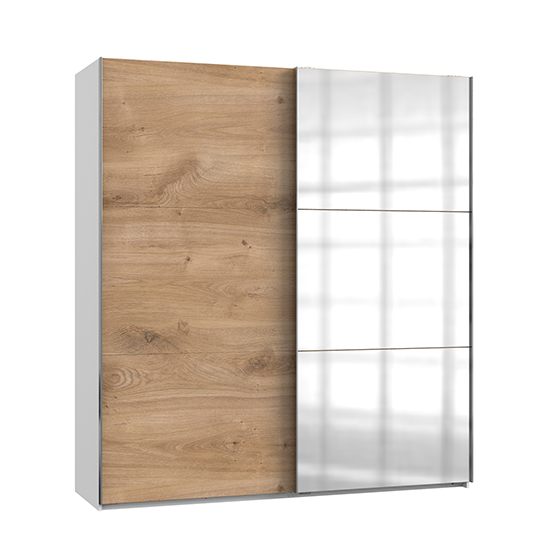Product photograph of Alkesu Mirrored Sliding Door Wardrobe In Planked Oak And White from Furniture in Fashion