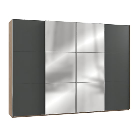 Product photograph of Alkesu Mirrored Sliding 4 Doors Wardrobe In Graphite Planked Oak from Furniture in Fashion