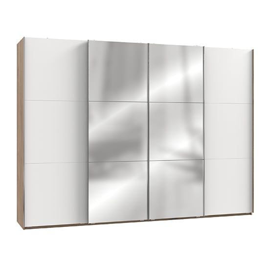 Product photograph of Alkesu Mirrored Sliding 4 Doors Wardrobe In White Planked Oak from Furniture in Fashion