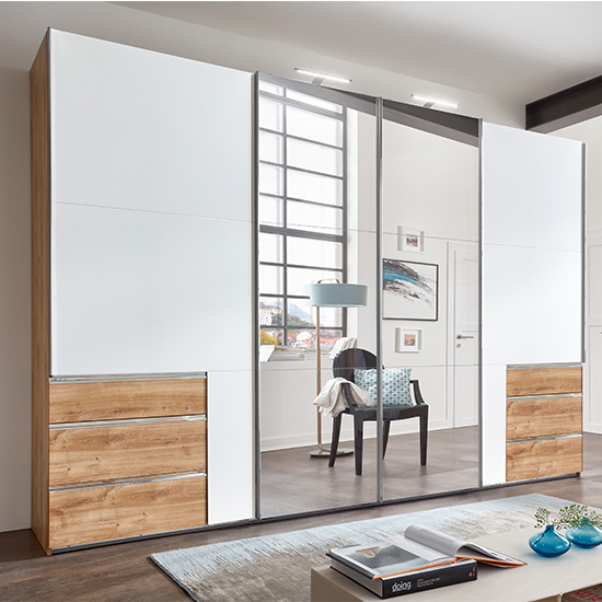 Product photograph of Alkesu Sliding 5 Doors Mirrored Wardrobe In White Planked Oak from Furniture in Fashion
