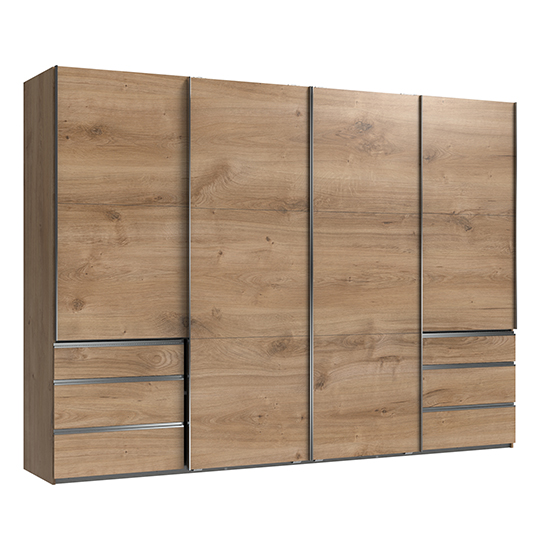 Product photograph of Alkesu Sliding 4 Doors Wardrobe In Planked Oak With 6 Drawers from Furniture in Fashion