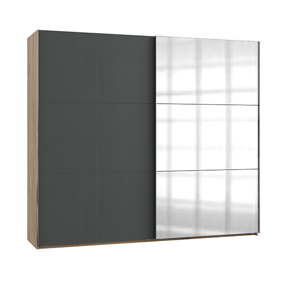 Product photograph of Alkesu Wide Mirrored Sliding Wardrobe In Graphite Planked Oak from Furniture in Fashion