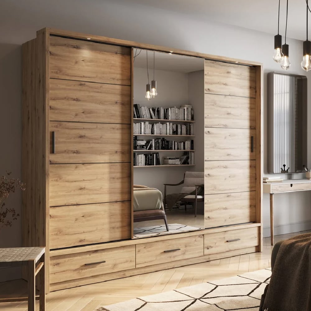 Read more about Allen wooden wardrobe 3 sliding doors in artisan oak with led