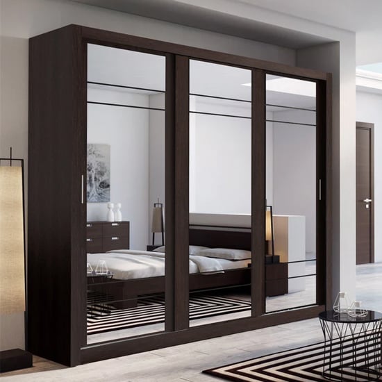 Product photograph of Allen Wardrobe With 3 Mirrored Sliding Doors In Wenge from Furniture in Fashion