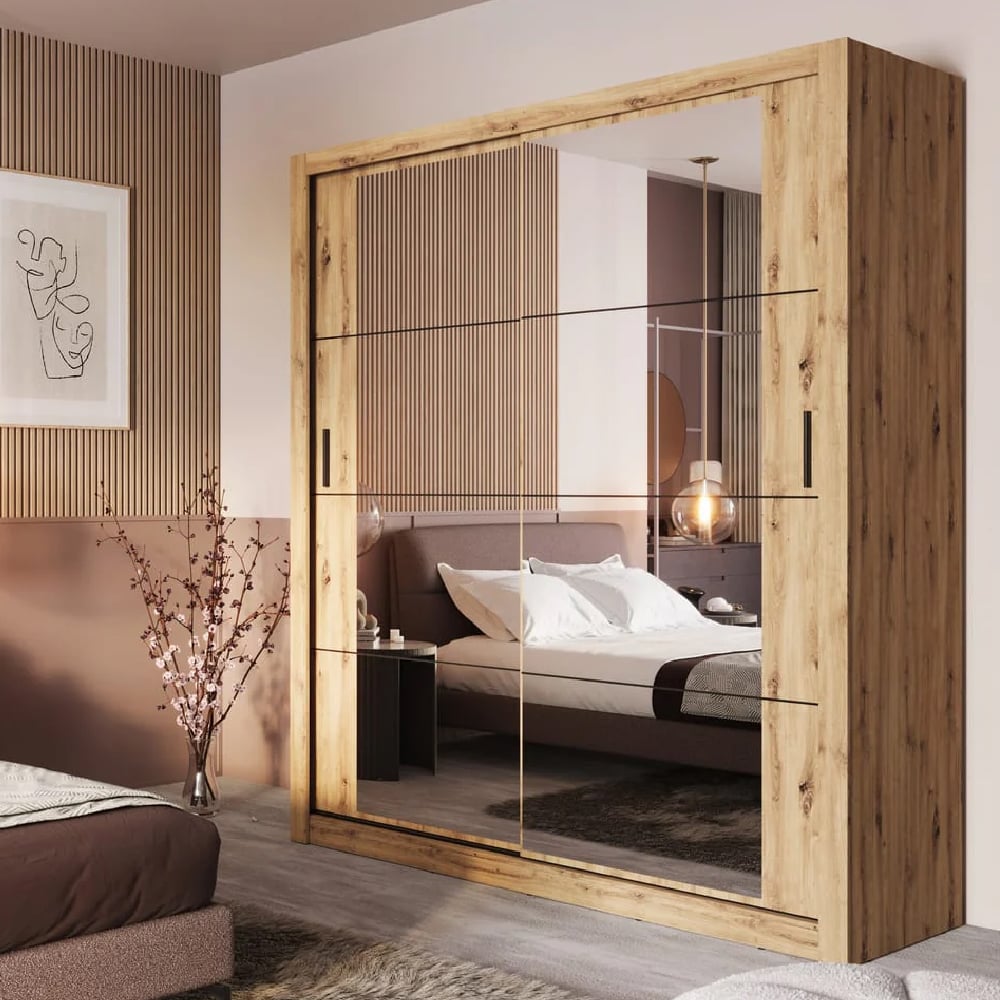 Read more about Allen wooden wardrobe 2 mirrored sliding doors in artisan oak