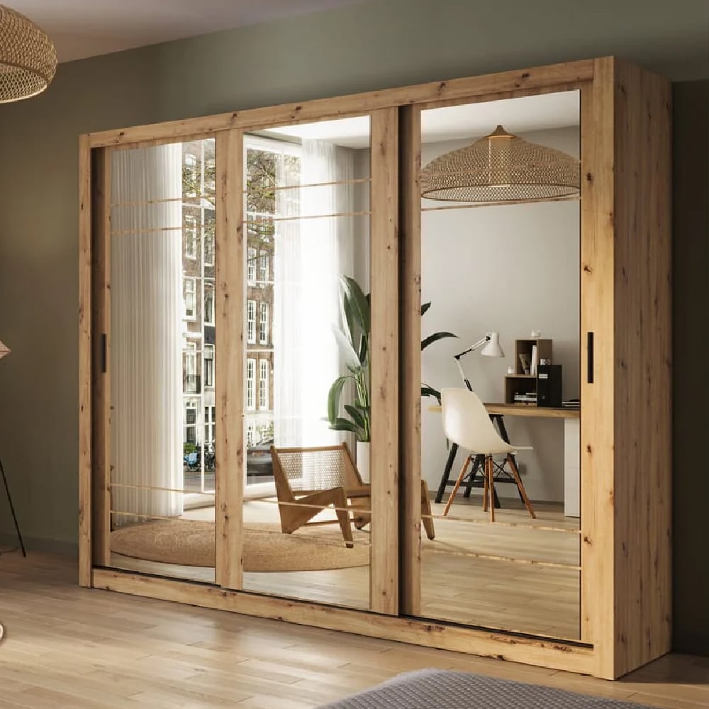 Read more about Allen wooden wardrobe 3 mirrored sliding doors in artisan oak