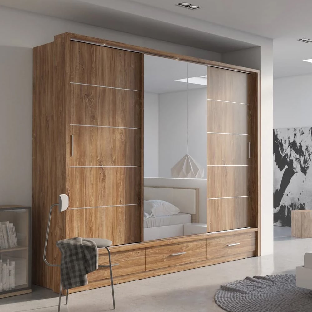 allen wooden wardrobe with 3 sliding doors in sterling oak