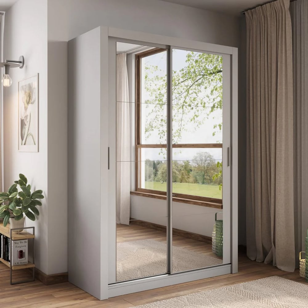 allen wooden wardrobe with 2 mirrored sliding doors in grey