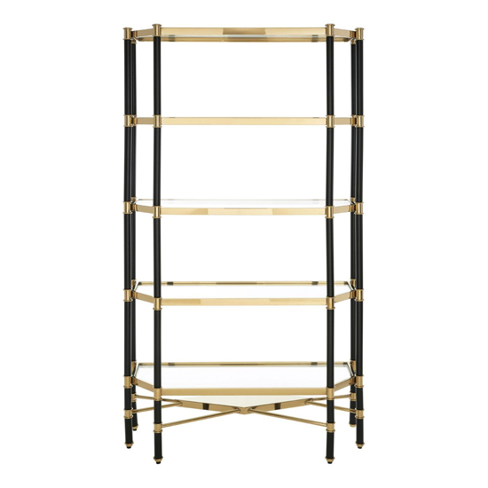 Photo of Allessa clear glass shelving unit with black and gold frame