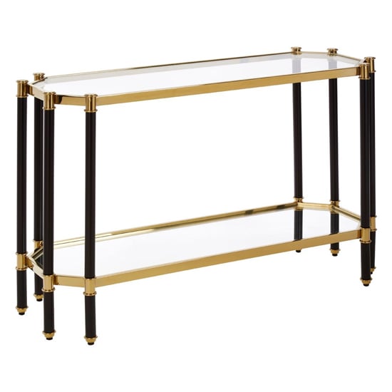 View Allessa clear glass console table with black and gold frame