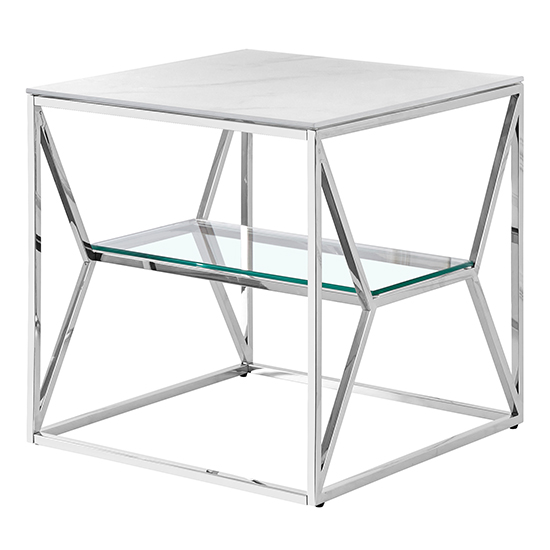 Photo of Allinto marble effect glass top side table in white and grey