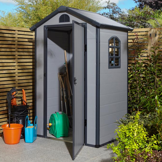 Photo of Alloya plastic 4x3 apex shed in light grey