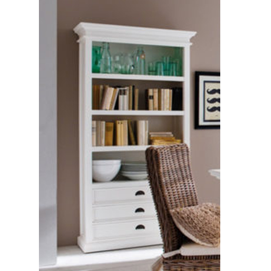 View Allthorp wooden bookcase in classic white with 3 drawers