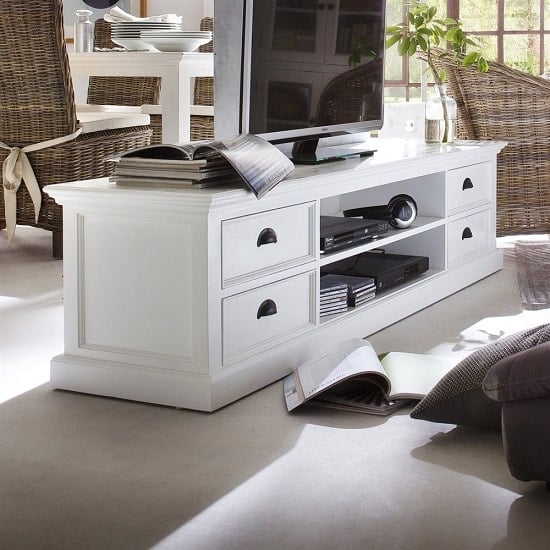 Photo of Allthorp solid wood tv stand large in white with 4 drawers