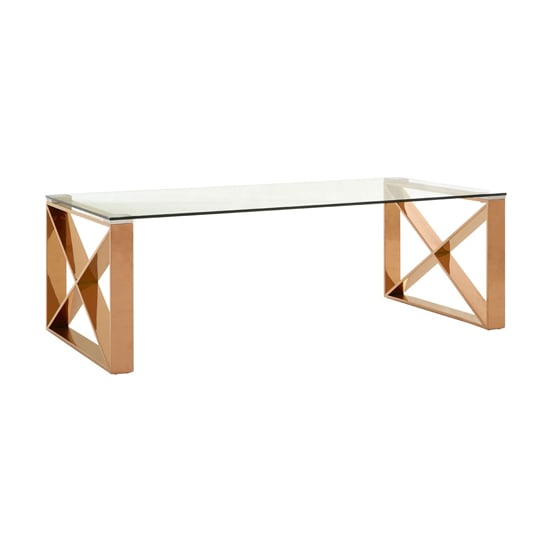 Product photograph of Alluras Clear Glass Coffee Table With Rose Gold Cross Frame from Furniture in Fashion