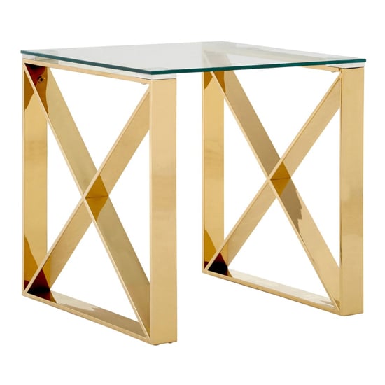 Read more about Alluras clear glass end table with champagne gold cross frame