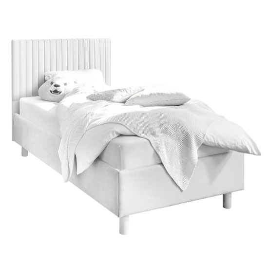 Photo of Altair matt white faux leather single bed with stripes headboard