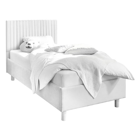 Photo of Altair matt white leather small double bed with stripe headboard