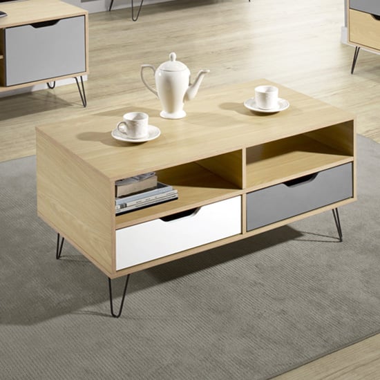 Product photograph of Baucom Oak Effect 2 Drawers Coffee Table In White And Grey from Furniture in Fashion